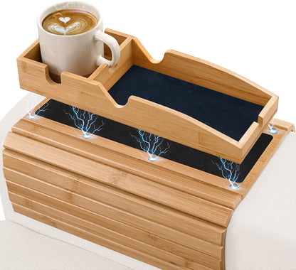 Magnetic Bamboo Couch arm tray - 3 in 1 Detachable Bamboo Sofa Arm Tray Table with Cup Holder - Foldable Non Slip Couch Armrest Table For Remote, Cell-Phone & Drinks, Snacks – Space-Saving,17.6"x13.3"
