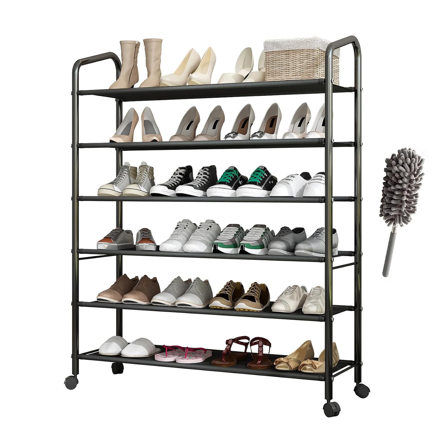 Tall 6-Tier Metal Shoe Rack,Non-Woven Fabric Shoe Shelf,Large Storage Racks with Locking Wheels,Rolling Shoe Storage Organizer Shoe Stand Holders,for Garage Closet Dorm,Black
