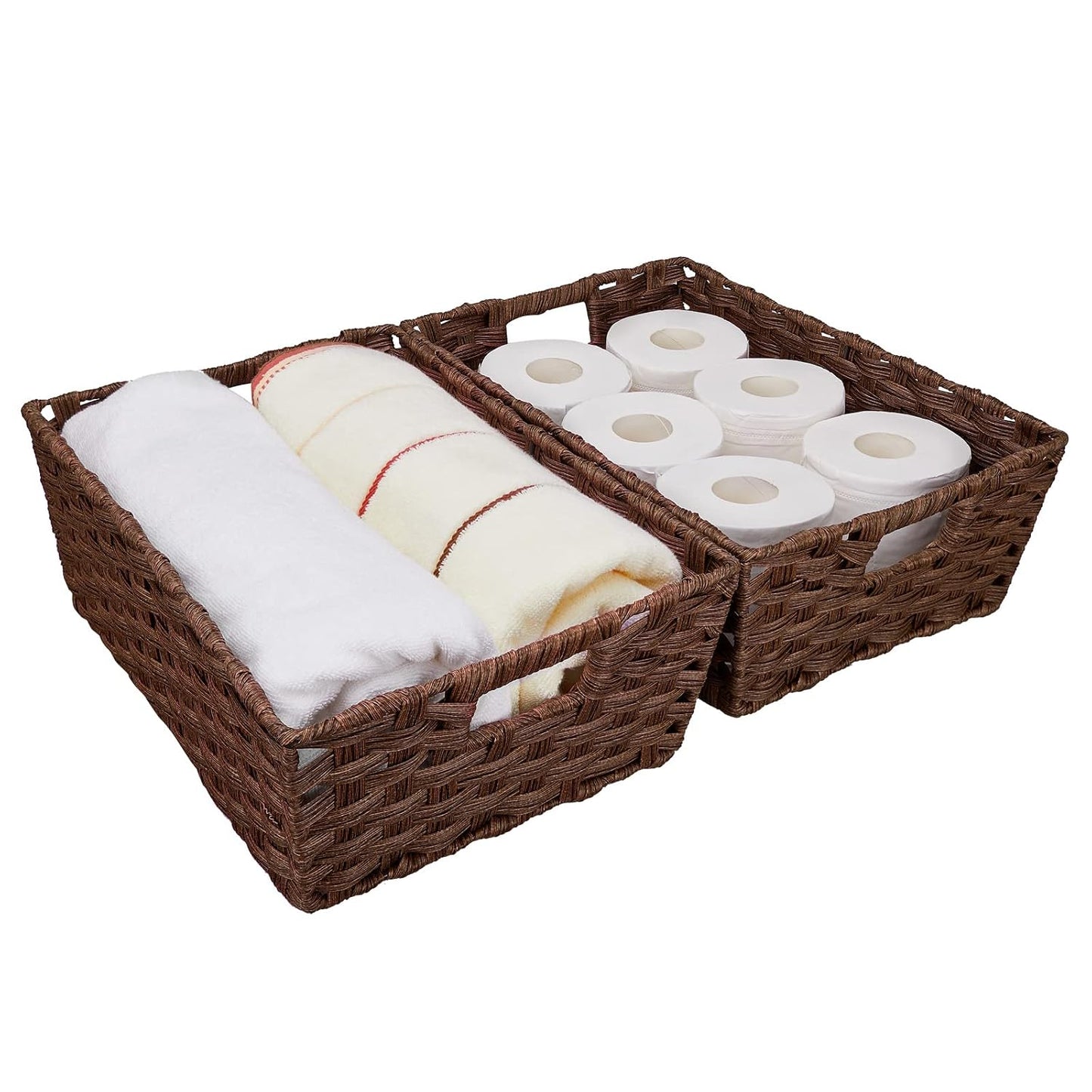 Onlytak Large Wicker Storage Basket, Metal Frame, Set of 2, Washable Waterproof, 15" x 10.3" x 5.2", Brown Color, Woven Basket for Pantry, Toilet, Bathroom, Bedroom, Patio