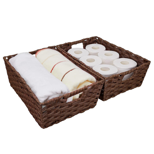 Onlytak Large Wicker Storage Basket, Metal Frame, Set of 2, Washable Waterproof, 15" x 10.3" x 5.2", Brown Color, Woven Basket for Pantry, Toilet, Bathroom, Bedroom, Patio