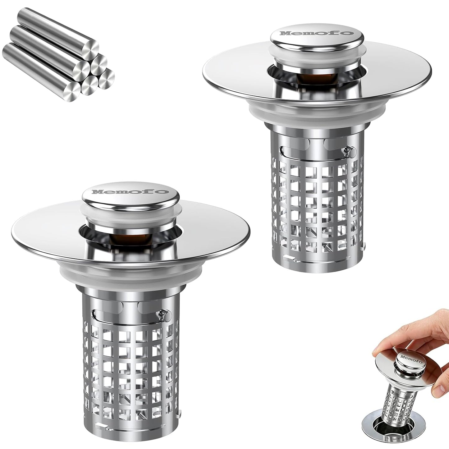 Bathroom Sink Drain Strainer(2PCS), Stainless Steel Pop-up Strainer Basket Hair Catcher with Removable Basket, Brass Bullet Core, Universal Fit 1.1-2.36 Inch