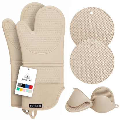 RORECAY Silicone Oven Mitts and Pot Holders Sets, Gloves for Kitchen, Beige | Set of 6 Kitchen Mitts for Baking & Cooking, Heat Resistant 500 ℉, 15" Extra Long, Non-Slip & Waterproof, Quilted Cotton