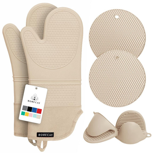 RORECAY Silicone Oven Mitts and Pot Holders Sets, Gloves for Kitchen, Beige | Set of 6 Kitchen Mitts for Baking & Cooking, Heat Resistant 500 ℉, 15" Extra Long, Non-Slip & Waterproof, Quilted Cotton