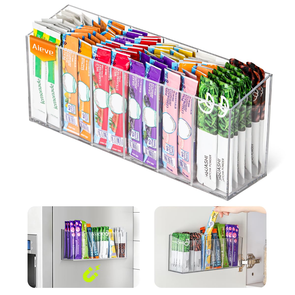 AIEVE Drink Packet Organizer, Mountable Water Packet Organization Holder with Adhesive & Magnetic Sticker, Pantry Organizers Kitchen Storage for Countertop Table Fridge Cabinet