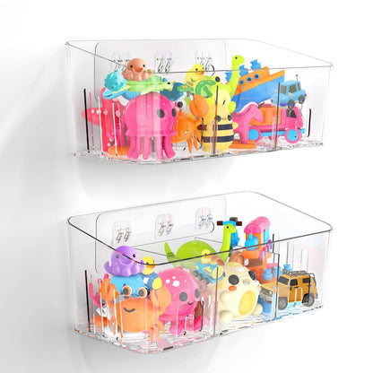 Bath Toy Storage 2 Packs, Large Bath Toy Holder - 3 Compartments, Quick-Dry | BPA-Free Bathtub Toy Organizer, Wall-Mounted Adhesive Shower Caddy, Bathroom Toy Basket & Bin for Baby, Toddler, Kids, Clear
