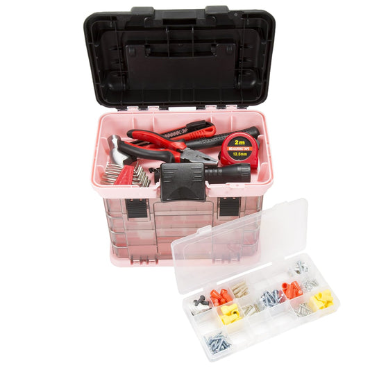Stalwart Portable Tool Box for Women or Men, Pink, 10 x 7 x 10.5in | Small Parts Organizer with Drawers and Customizable Compartments for Hardware, Fishing Tackle Box, Beads or Crafting Supplies