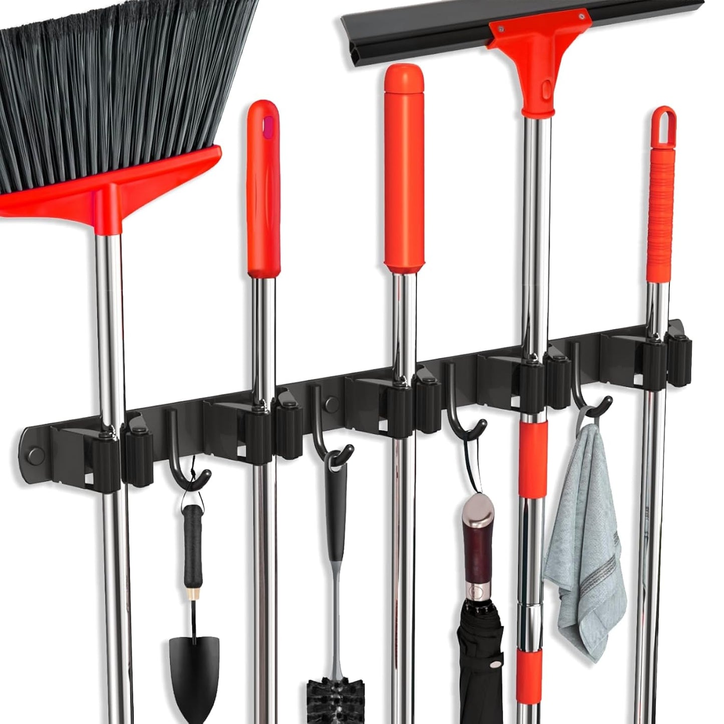 Mop and Broom Holder Wall Mount, Upgraded Broom Hanger Wall Mount, Stainless Steel Broom Organizer for Closet Garage Laundry Room Kitchen Wall Decor(5Racks 4Hooks Black)