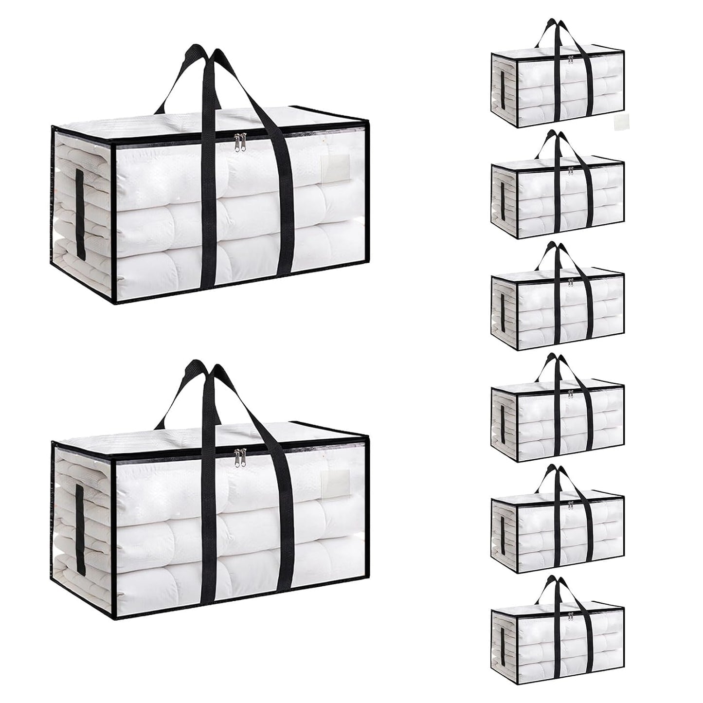 8 Pack-Extra Large Heavy Duty Moving Bags - Waterproof Storage Totes with Handles & Zippers, Foldable for College Dorm, Storage (Clear)