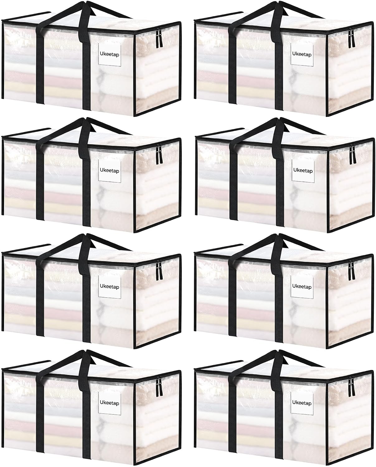 8 Pack Extra Large Clothes Storage Bins with Lids, Storage Bags with Reinforced Handles & Heavy-Duty Zippers, Moving Bags, Moving Boxes Totes for Clothes Packing, Dorms, College Supplies, Clear