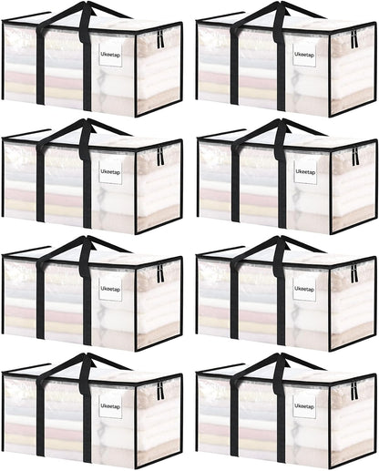 8 Pack Extra Large Clothes Storage Bins with Lids, Storage Bags with Reinforced Handles & Heavy-Duty Zippers, Moving Bags, Moving Boxes Totes for Clothes Packing, Dorms, College Supplies, Clear
