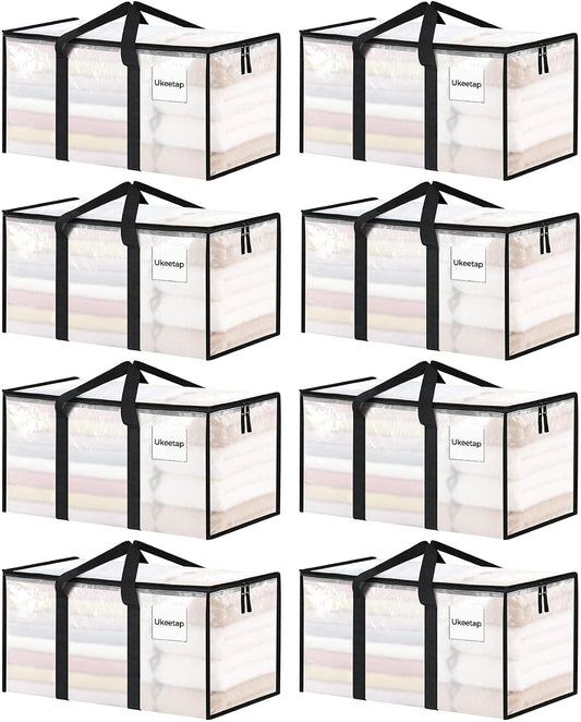8 Pack Extra Large Clothes Storage Bins with Lids, Storage Bags with Reinforced Handles & Heavy-Duty Zippers, Moving Bags, Moving Boxes Totes for Clothes Packing, Dorms, College Supplies, Clear