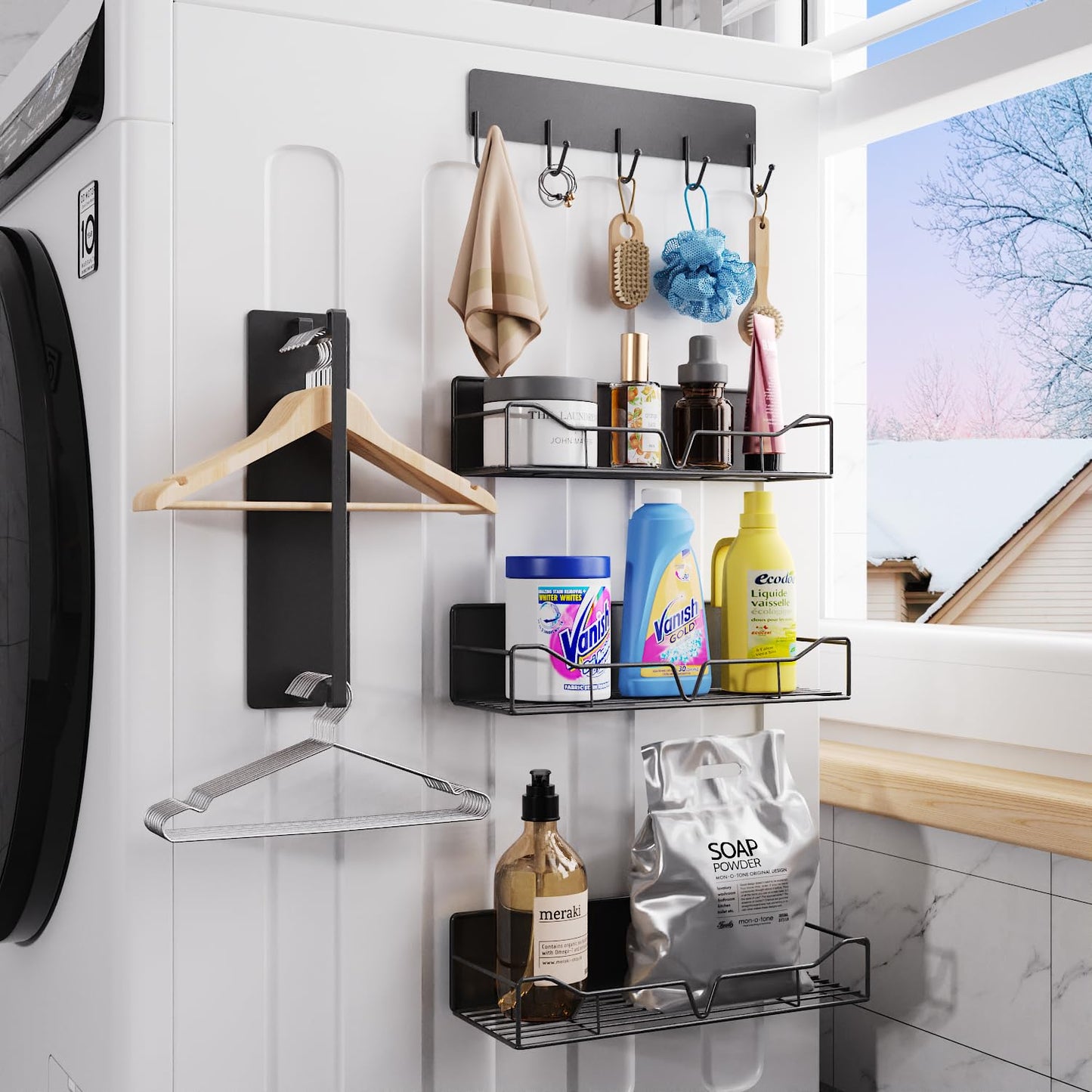 Magnetic Shelves for Washing Machine, 5 Pack Heavy Duty Laundry Shelf Organizer with Hooks, Strong Magnetic Storage Rack for Washer, Dryer, Refrigerator & Kitchen Laundry Organizer (Black)