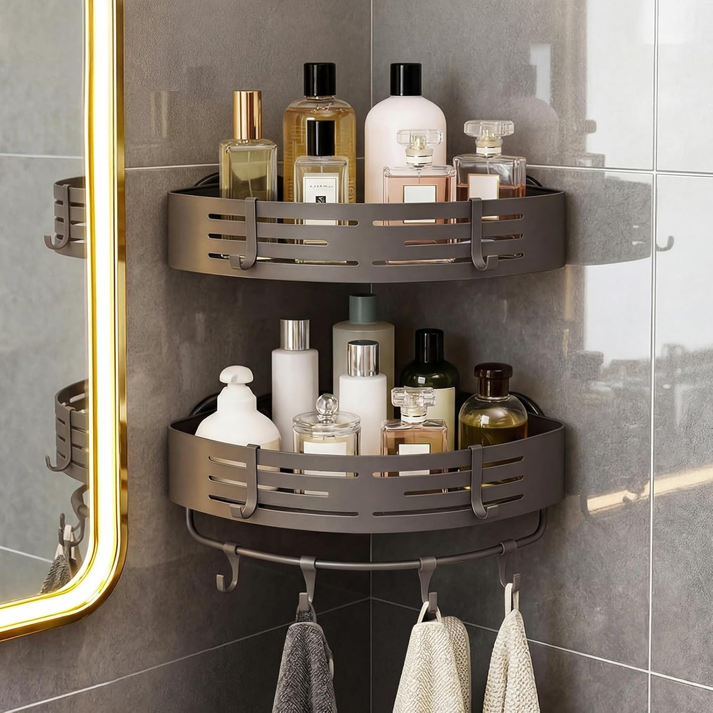 3-Tier No-Drill Storage Caddy with Hooks&Towel Bar,Organizing Solution for Bathroom,Shower&Kitchen,Holds Shampoos,Soaps,Sponges&Cleaners,Triangle
