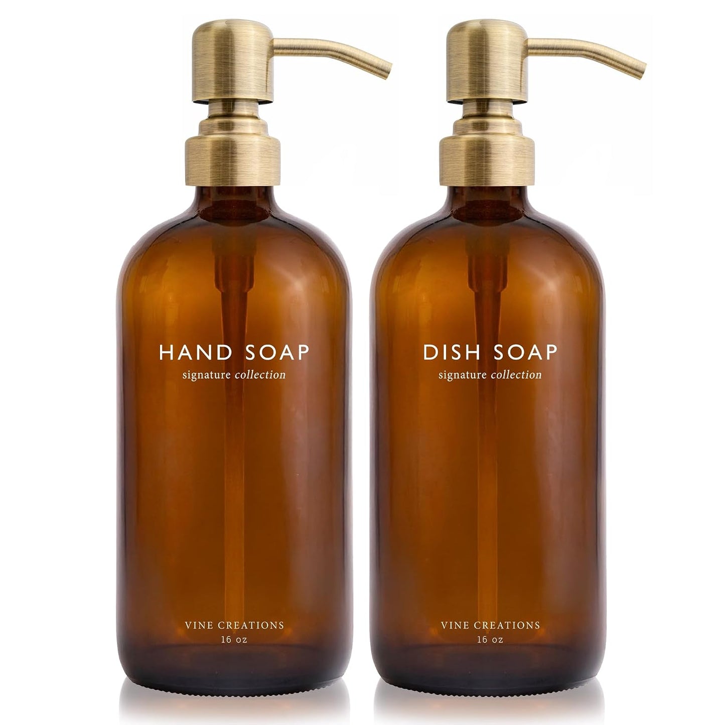 Vine Creations Amber Glass Soap Dispenser Set, Dish Soap and Hand Soap Dispenser Set with Stainless Steel Pump, 16 oz Glass Dispensers for Kitchen or Bathroom Decor (Amber Bottle/Brushed Brass Pump)