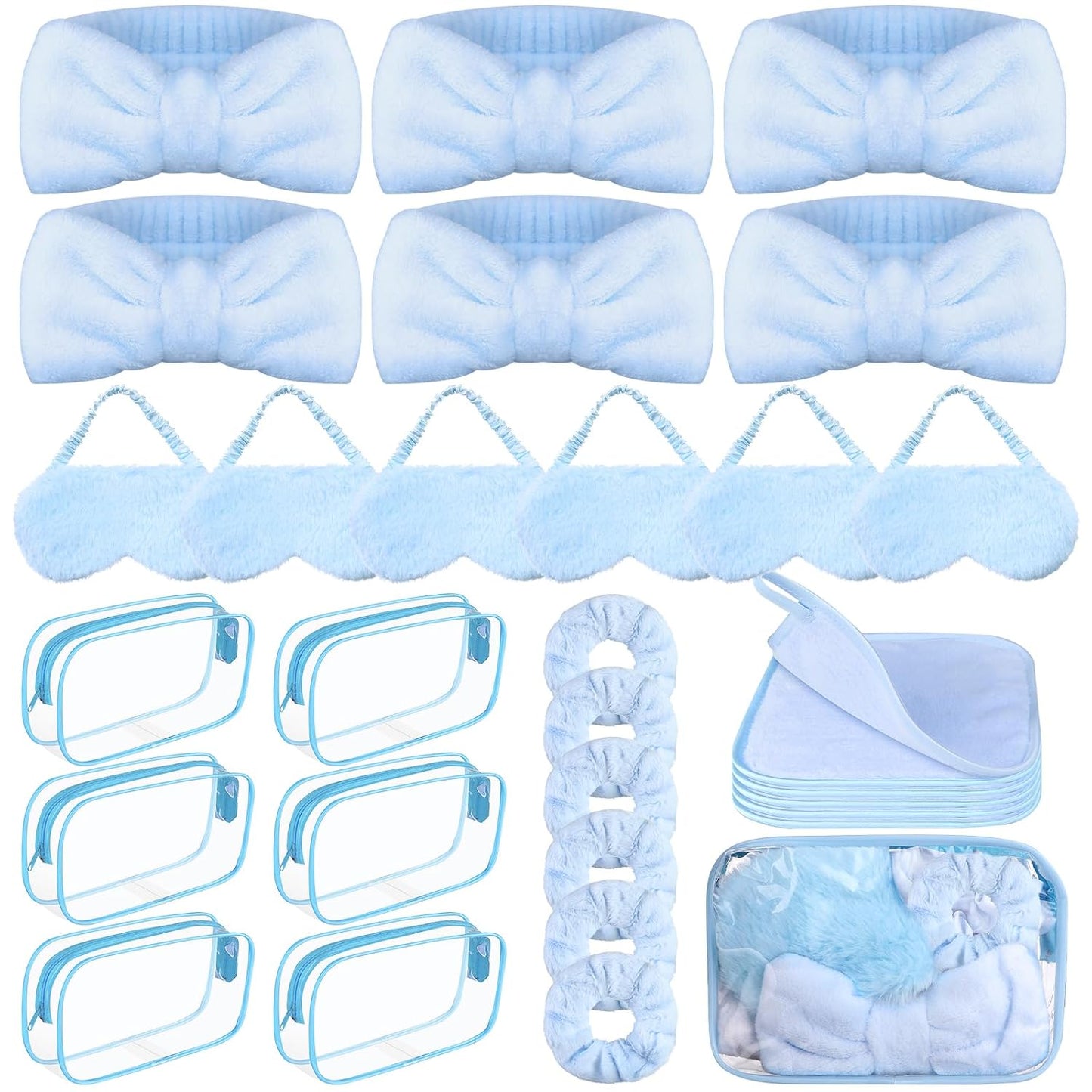 30 Pcs Spa Sleepover Party Supplies 6 Bow Makeup Headband 6 Plush Sleep Eye Mask 6 Velvet Scrunchies 6 Makeup Remover Cloth 6 Clear Cosmetic Bags for Women Slumber Party Favors (Blue)