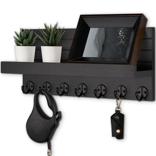 Lwenki Key Holder Wall Mount, Entryway Key and Mail Holder with 7 Sturdy Hooks for Sunglasses, Dog Leash, Decorative Wall Shelf with Mounting Hardware, 15”W x 6.7”H x 4.2”D