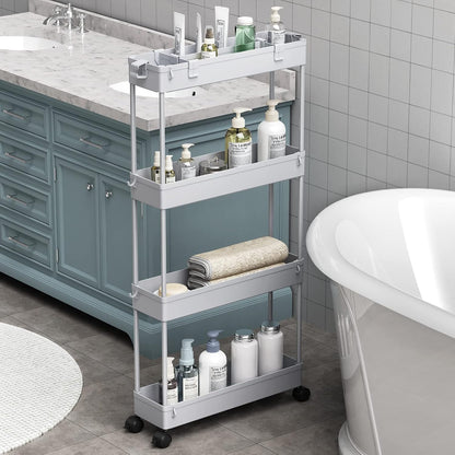 Slim Storage Cart 4 Tier,Bathroom Organizer Rolling Utility,Mobile Shelving Unit Slide Out for Office, Kitchen, Laundry Room & Narrow Places,Gray