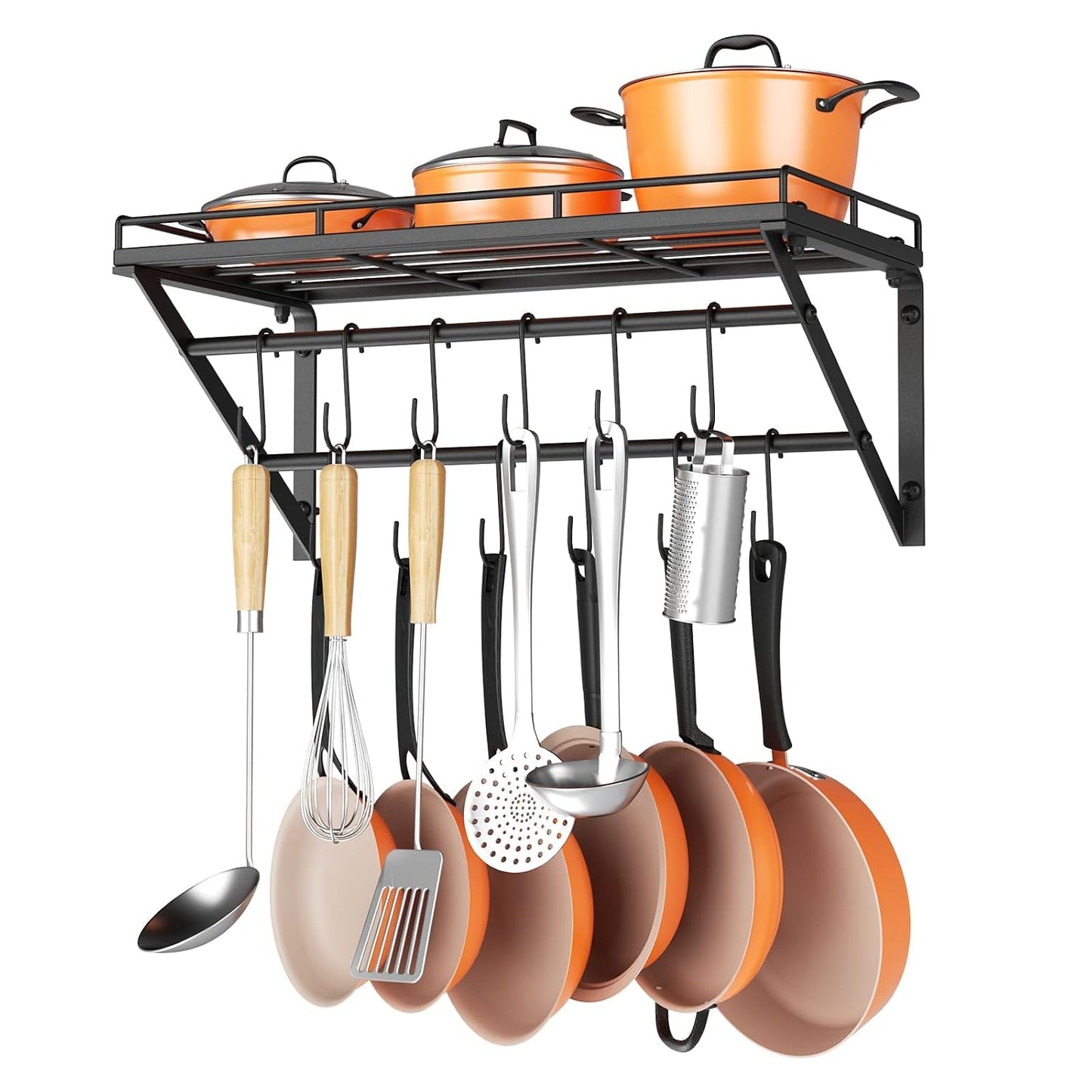 OROPY 23" Pot Rack Wall Mounted, Pot Organizer with 2 Tier Hanging Rails | Heavy Duty Pot and Pan Organizer with Storage Shelf & 12 S Hooks, Space Saving Hanging Pot Rack