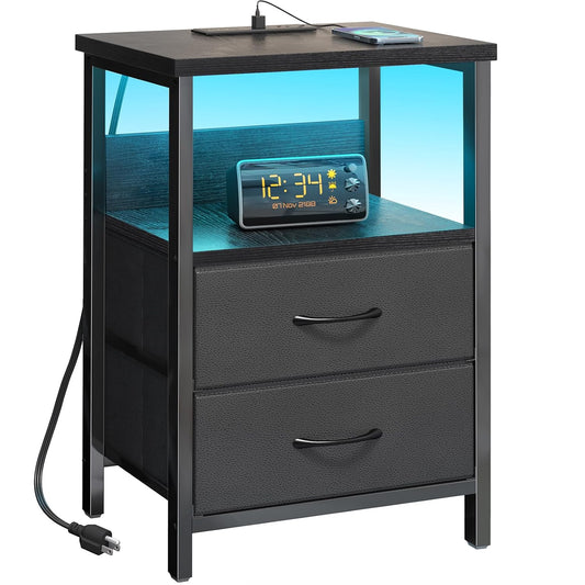 Fixwal Night Stand with Charging Station (2 AC Outlets & 2 U-S-B Ports) LED Nightstand Small Dorm Room Furniture, 2 Fabric Storage Drawers, Bedside Table End Tables Bedroom, Modern Black