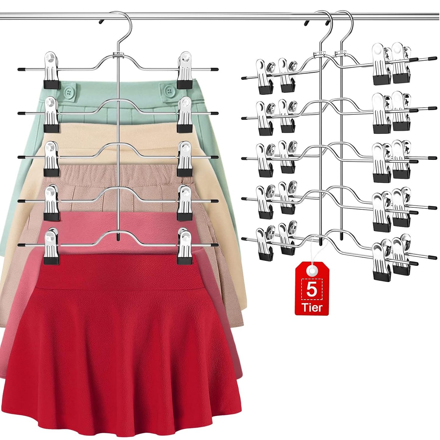 Pants Skirt Hangers with Clips 2 Pack 5 Tier | Pant Hangers Skirt Hangers Space Saving Closet Hanger Organizer Closet Organizers and Storage