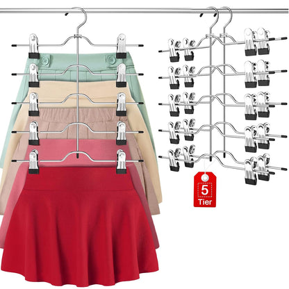 Pants Skirt Hangers with Clips 2 Pack 5 Tier | Pant Hangers Skirt Hangers Space Saving Closet Hanger Organizer Closet Organizers and Storage