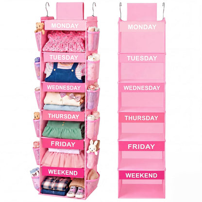 Thyle 6-Shelf Weekly Clothes Organizer for Kids, Hanging Daily Closet Organization with 12 Side Pockets, Pink Days of the Week Clothing Divider Storage for Boys and Girls