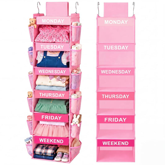 Thyle 6-Shelf Weekly Clothes Organizer for Kids, Hanging Daily Closet Organization with 12 Side Pockets, Pink Days of the Week Clothing Divider Storage for Boys and Girls