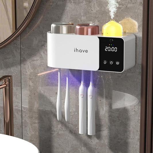 iHave Toothbrush Holder Aromatherapy Diffuser Wall Mount UV Sanitizer 2-Cup | Auto-Cycle Disinfection UV-C Toothbrush Sanitizer, Aromatherapy Diffuser, Timer, Drying & IR Night Light, Bathroom Organizer