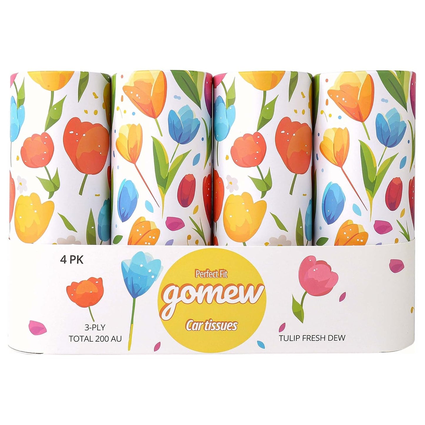 Car Tissue Holder (4 PK) - 50 3-Ply Tissues per Cylinder, Fits Car Cup Holders, Portable Travel Tubes Box Container, Tulip Design, Round Tissue Container for Car Accessories