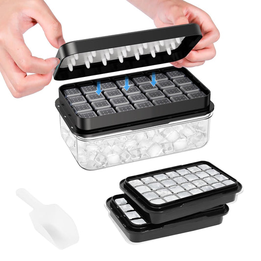 Ice Cube Tray with Lid and Bin, Easy Release 56 Cubes for Freezer | Food-grade BPA-free PP and ABS. Ice cubes for fruit, cocktails, iced coffee. Space-saving stackable with scoop