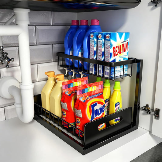 Under Sink Organizer, L-Shaped Pull Out Cabinet Or... (Black | Cast Iron)
