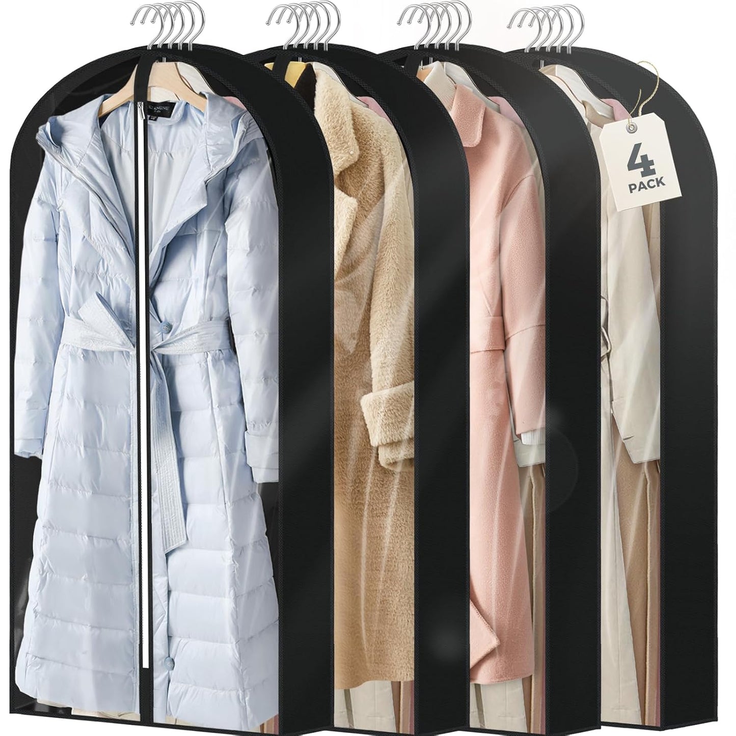 4 pack 60" Clear Garment Bags for Hanging Clothes, Suit Bags for Closet Storage, Clothing Storage, Garment Bags for Travel Covers with 4" Gussets for Coats, Jackets, Shirts, Dresses & Sweater, Black