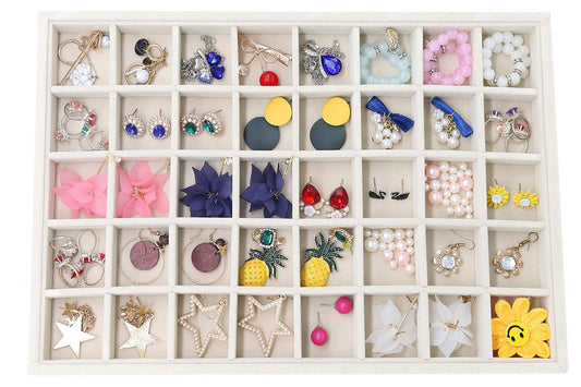 Stratalife 40 Grid Velvet Jewelry Organizer Tray, 13.8" x 9.4" x 1.2" | Stackable Drawer Earring Organizer with Adjustable Dividers, Jewelry Display Tray for Necklace Earring Ring Studs, Beige