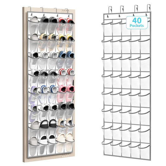 SAVERHO 40 Large Pockets Over the Door Shoe Organizer,Space-Saving Mesh Hanging Shoe Rack for Door Shoe Holder, Large Size 76.4" x 27.5" Ideal for Closet & Door Storage (White, 40 Pockets)