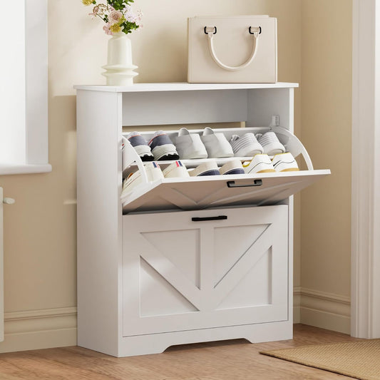 Farmhouse Shoe Cabinet for Entryway, 2 Barn-Style Flip Drawers | Narrow Shoe Storage Organizer, Top Display Shelf, Adjustable Shelves, Shoe Rack, for Hallway Closet, 24" Wide, White