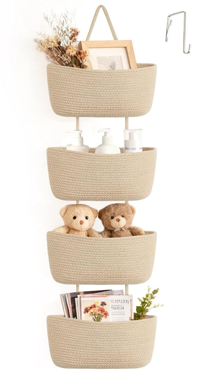 Dahey Over The Door Hanging Basket Storage 4-Tier Woven Wall Basket, Jute | Space-Saving, Hook Fits 1.77" Door, Widely Boho Nursery Organizer for Bathroom Bedroom Dorm Decor, Detachable Adjustable Rope