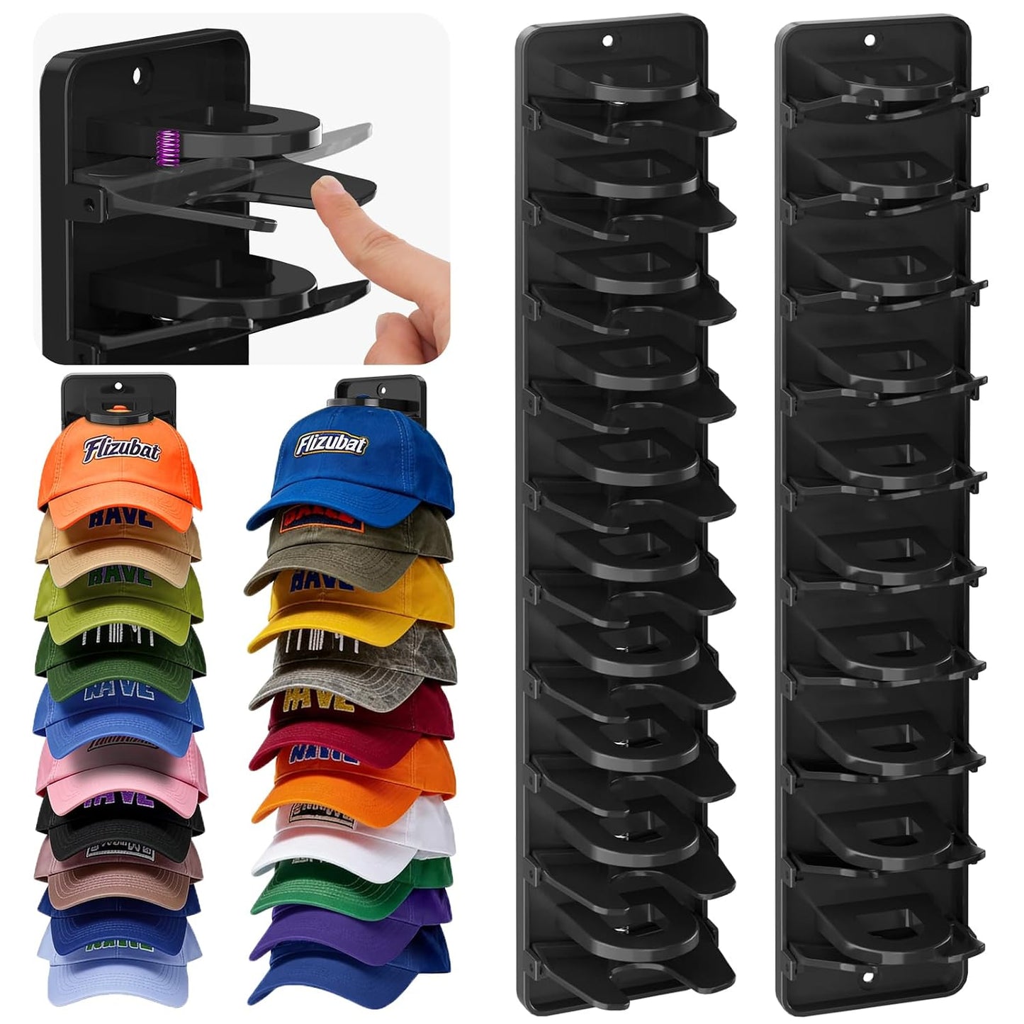 2 Pack Wall Mounted Hat Rack, Hat Organizer for Baseball Caps & Display | Unique Spring Clip Design, Keeps 20 Hats,Ideal for Wall & Closet & Shelf Hanging, Hat Organize & Storage for Men and Women