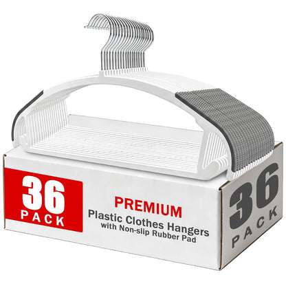 36 Pack Non-Slip Plastic Clothes Hangers with Rubber Pad for Coats | Plastic material, slim profile, 360° swivel metal hook, heavy duty, Closet/laundry use, for Coat, Suit, Shirt, Pant, Dress
