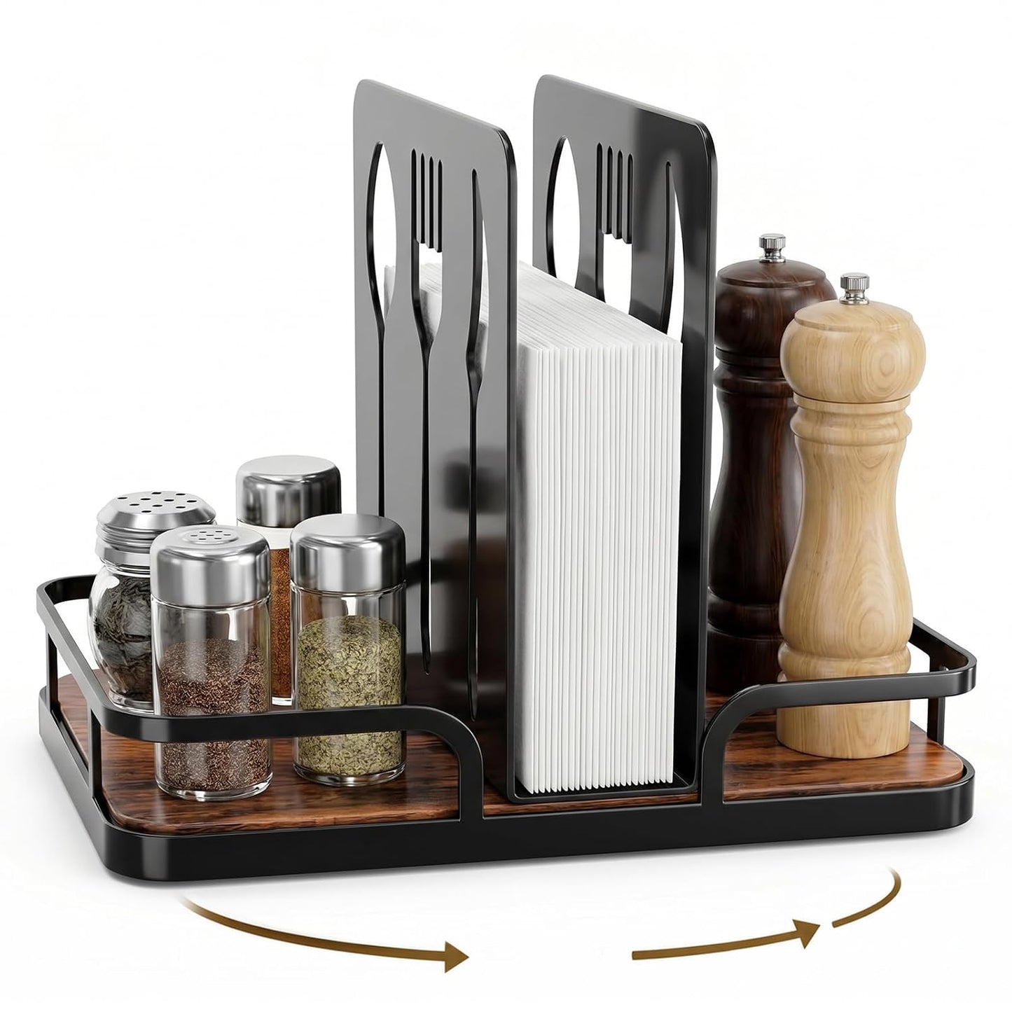 Napkin Holder for Table with Salt and Pepper Shakers Caddy, Farmhouse Kitchen Counter Organizer with Bamboo Base, Dining Table Napkin Holder for Restaurant Home Decor