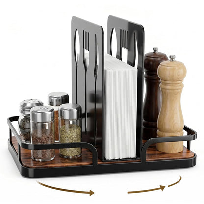 Napkin Holder for Table with Salt and Pepper Shakers Caddy, Farmhouse Kitchen Counter Organizer with Bamboo Base, Dining Table Napkin Holder for Restaurant Home Decor