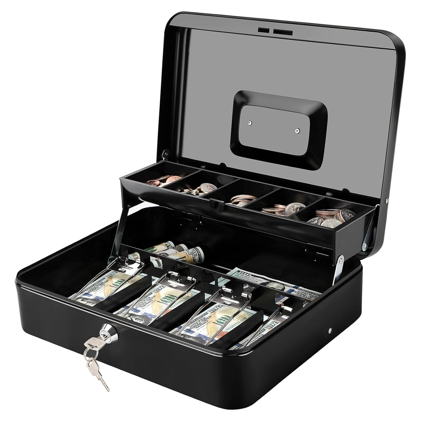Jssmst Cash Box with Key Lock - 0.9mm Thick Metal Money Box for Garage Sales, Yard Sales and Petty Cash, Portable Cash Drawer with Coin Tray & Spill-Proof Foam Coin Cover, 4 No-Pinch Bill Clips,11.8''