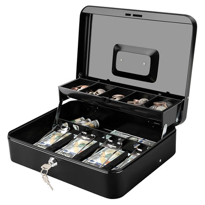 Jssmst Cash Box with Key Lock - 0.9mm Thick Metal Money Box for Garage Sales, Yard Sales and Petty Cash, Portable Cash Drawer with Coin Tray & Spill-Proof Foam Coin Cover, 4 No-Pinch Bill Clips,11.8''