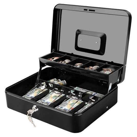 Jssmst Cash Box with Key Lock - 0.9mm Thick Metal Money Box for Garage Sales, Yard Sales and Petty Cash, Portable Cash Drawer with Coin Tray & Spill-Proof Foam Coin Cover, 4 No-Pinch Bill Clips,11.8''
