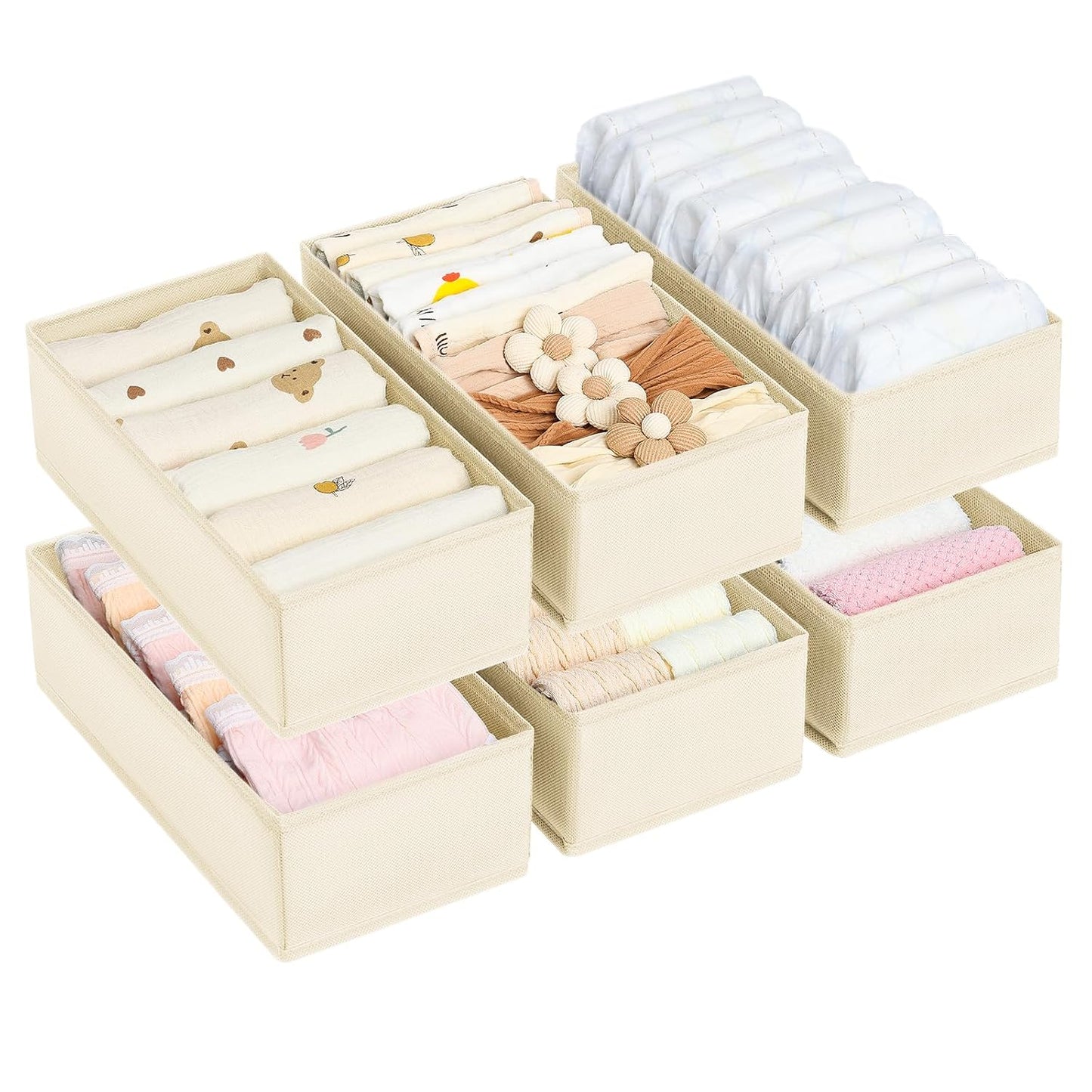 DIMJ Drawer Organizer Clothes - Underwear Organizer Small Sock Organizer Closet Organizers and Storage Box Dresser Drawer Dividers for Baby Clothes,Bra,Socks, Belt, Tie, Set of 6,Beige