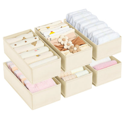 DIMJ Drawer Organizer Clothes - Underwear Organizer Small Sock Organizer Closet Organizers and Storage Box Dresser Drawer Dividers for Baby Clothes,Bra,Socks, Belt, Tie, Set of 6,Beige