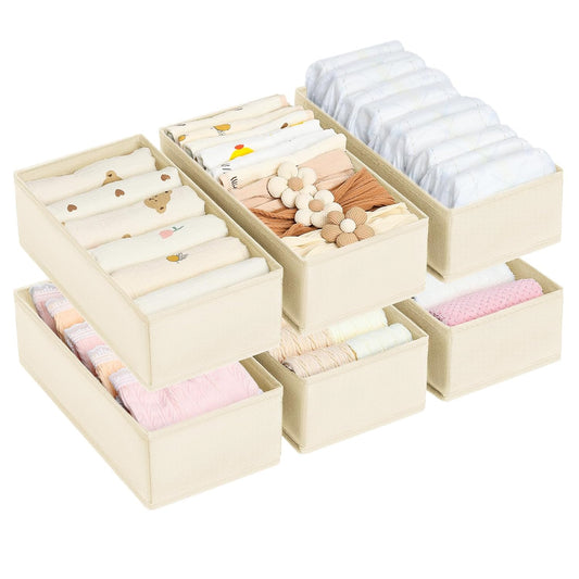DIMJ Drawer Organizer Clothes - Underwear Organizer Small Sock Organizer Closet Organizers and Storage Box Dresser Drawer Dividers for Baby Clothes,Bra,Socks, Belt, Tie, Set of 6,Beige