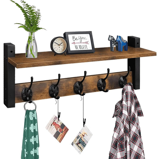 Wall Hooks with Shelf, Wood Coat Rack with Shelf Wall-Mounted, Entryway Hanging Shelves with 5 Metal Hooks for Clothes Hats Towel Purse Robes, Bathroom Mudroom Bedroom, Rustic Brown Black