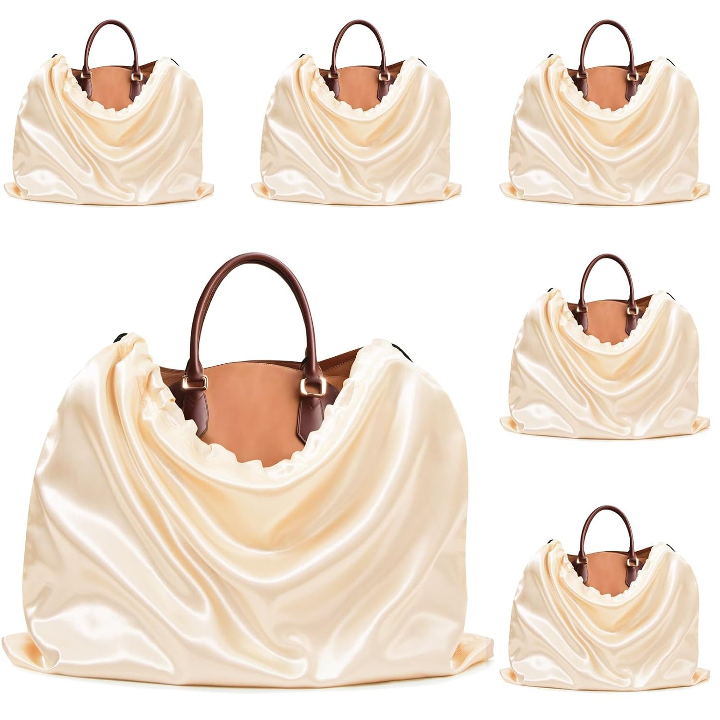 Ersmak 6 Pack Dust Bags for Handbags - Beige Silk Dust Cover Bag for Purses Shoes - Satin Drawstring Dustproof Bags for Travel Storage - 19.7 x 15.7 In