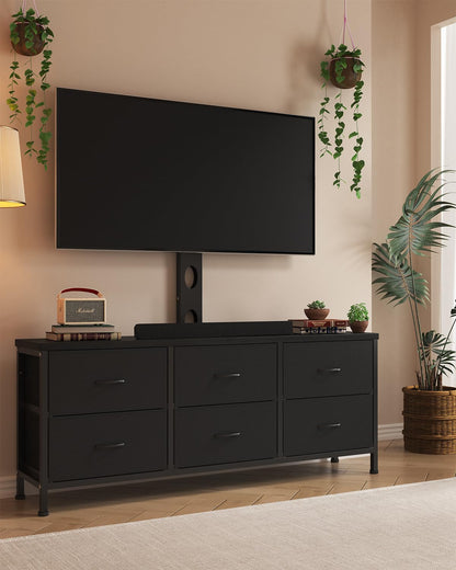 TV Stand with Mount, Fabric Dresser with 6 Drawers for 32/45/55/60/65/75 inch TVs, Black Dresser Entertainment Center, Modern Media TV Console Table