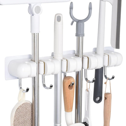 OTraki Broom Holder Wall Mount, No Drill Mop and Broom Organizer | with 4 Slots and 5 Hooks, Garden Tool Hanger for Laundry Room Closet Kitchen Garage Storage and Organization